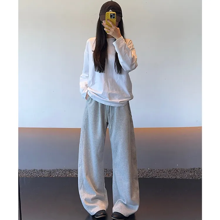 男款秋冬美式宽松阔腿灰色卫裤重磅弯刀休闲裤男女垂感运动长裤