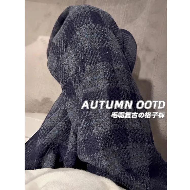 孕妇毛呢格子裤秋冬季外穿2025新款加绒加厚休闲慵懒休闲拖地长裤