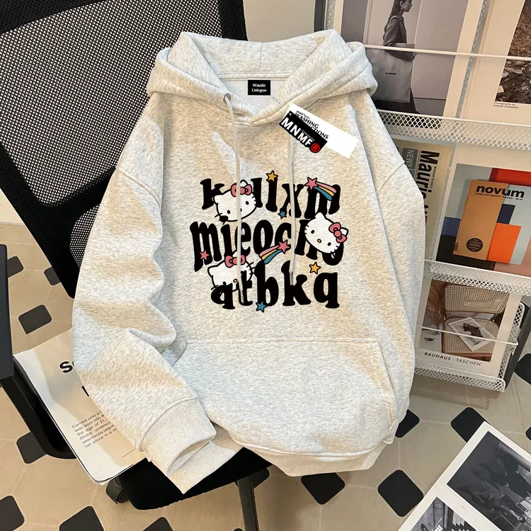 女童秋冬2025新款连帽卫衣卡通凯蒂猫印花甜酷潮牌百搭中大童上衣