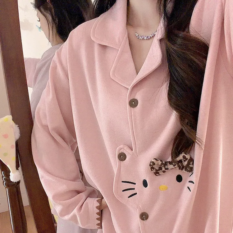 粉色贝壳边kitty睡衣女冬季绵羊绒长袖长裤加厚保暖少女心家居服