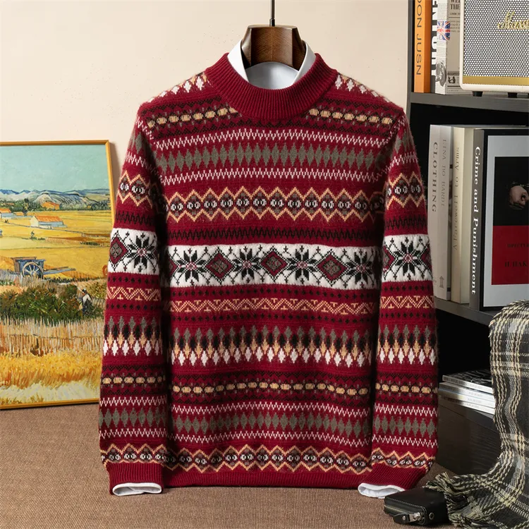 2025秋冬羊绒衫男士半高领条纹针织衫冬季加厚高档青年红色毛衣潮