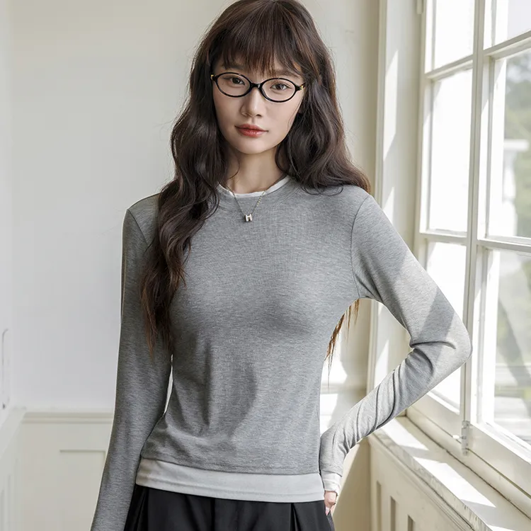 醉梓菡莱赛尔假两件打底衫女拼接设计感T恤春秋小众美式长袖上衣