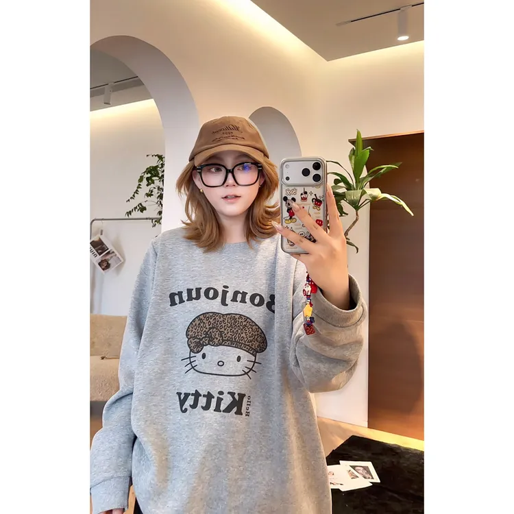 【瘦瘦】豹纹kitty -大码圆领印花加绒卡通重磅款冬个性卫衣F0084