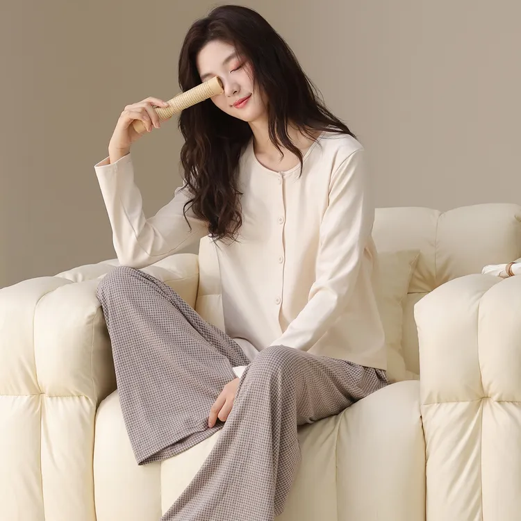 睡衣女春秋带胸垫纯棉开衫圆领可外穿女士休闲纯色秋季家居服套装