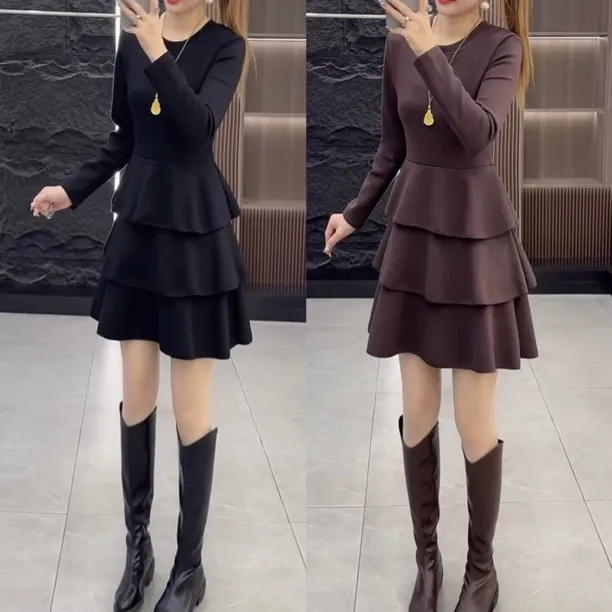 2025冬季新款时尚长袖气质连衣裙女显瘦遮肉蛋糕连衣裙725