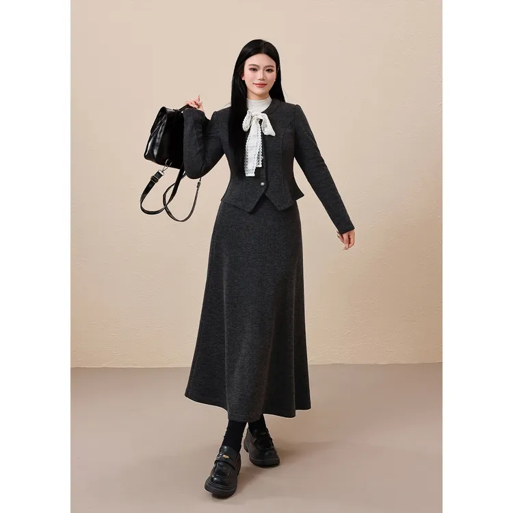 【韩系千金】蛋妹大码女装微胖mm秋冬千金风遮胯半裙套装DM35658