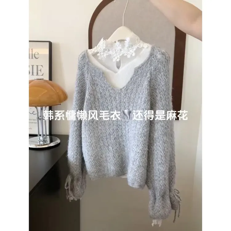 灰色u领套头喇叭长袖针织衫毛衣女2025新款巨好看的早秋宽松上衣