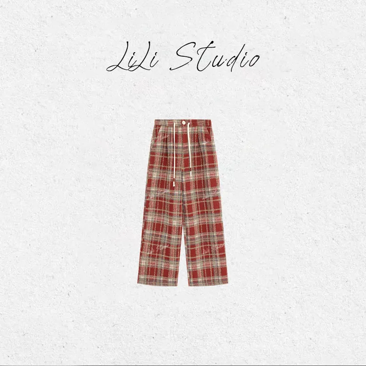 PCNY丨不理理「复古格纹」加厚加绒羊毛阔腿直筒毛呢休闲裤