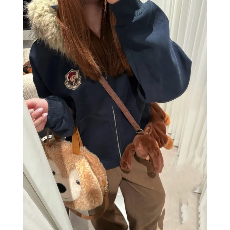 美式小熊耳朵毛领连帽卫衣女男秋季学院风徽章开衫氛围感休闲外套