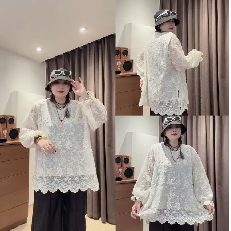 法式蕾丝衬衫新款减龄洋气超好看独特漂亮长袖上衣（卡码拍大）