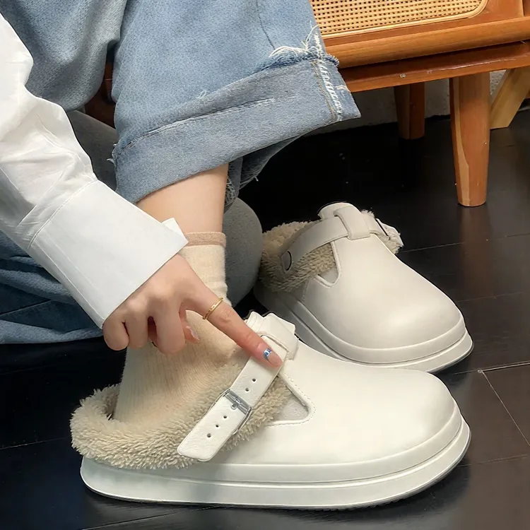 加绒勃肯棉拖鞋女款冬季居家时尚防水防滑保暖包头半拖鞋女士外穿