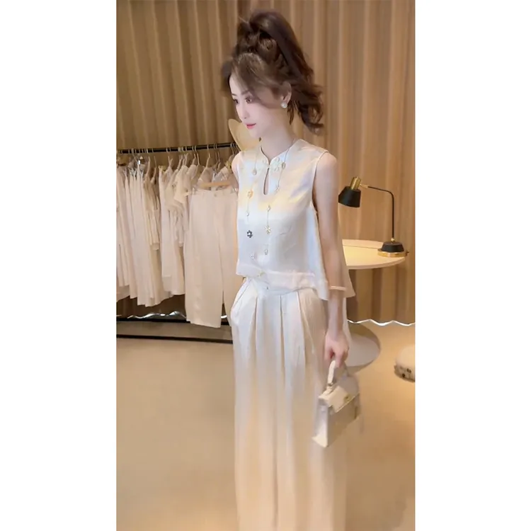 2025超火夏装大方得体轻奢高级感女人味新中式国风缎面白色套装裤