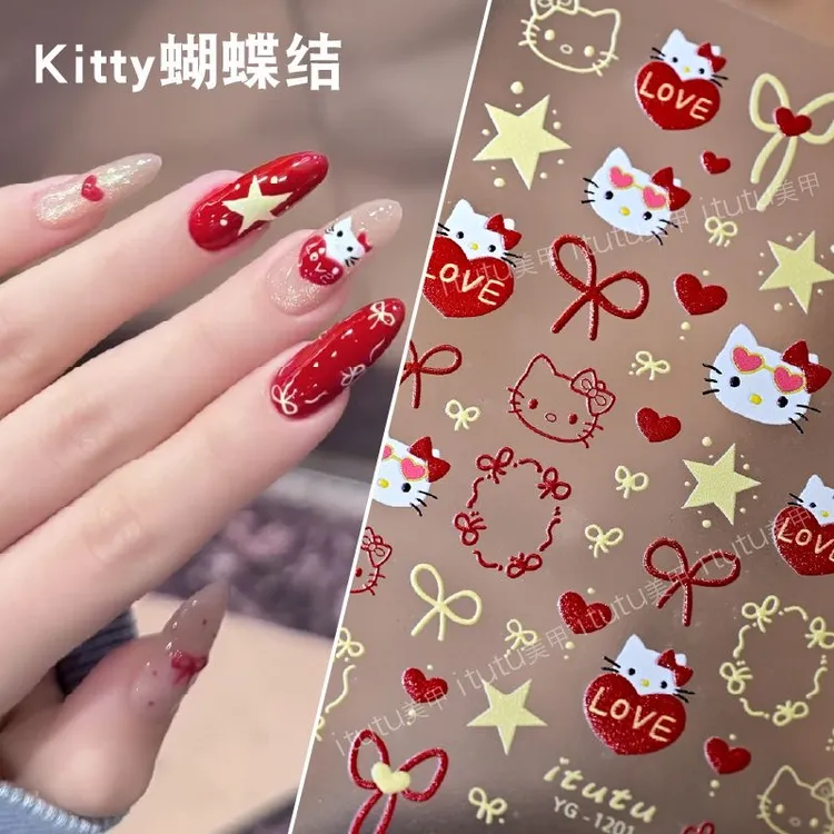 圣诞Kitty网红苹果新年美甲贴纸蝴蝶结可爱卡通背胶指甲贴diy装饰
