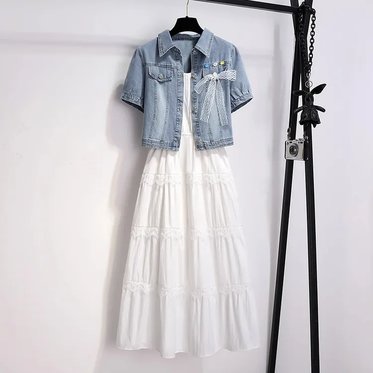 拉夏贝尔蕾丝桔梗后妈裙两件套收腰2025夏季新款牛仔时尚减龄套装