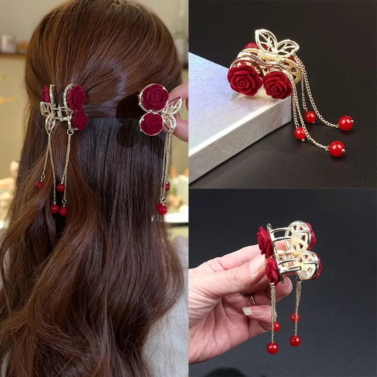 红色玫瑰花樱桃流苏抓夹后脑勺半扎顶夹发饰植绒发夹时尚气质百搭