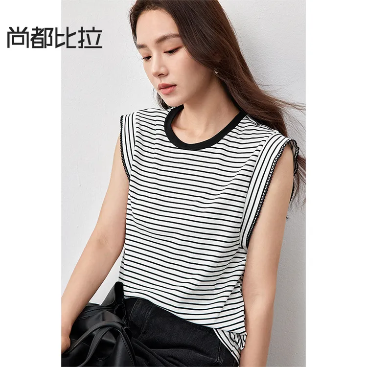 尚都比拉短袖t恤女夏季2025新款简约通勤撞色圆领飞飞袖宽松上衣