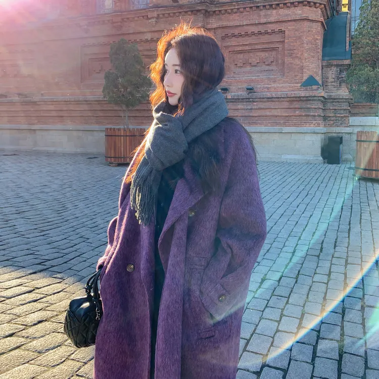 蓝莓紫苏利绒长毛双面羊绒长款大衣女冬季新款超时尚气质呢子外套