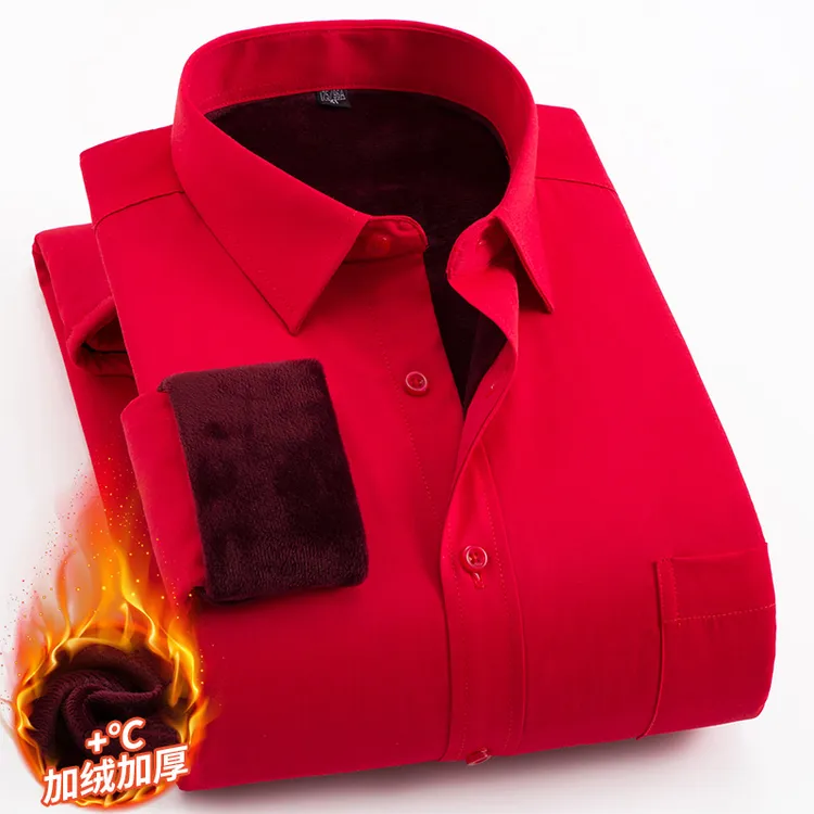 加绒加厚长袖衬衫男士冬季新年保暖衬衣中老年爸爸红色本命年衣服