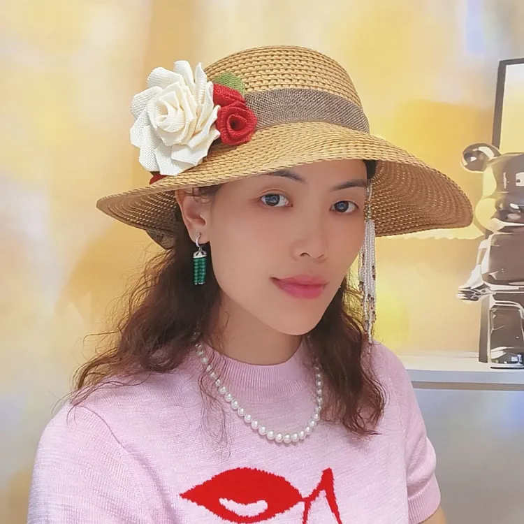 原创设计草帽遮阳帽花朵帽子甜美防晒草帽时尚百搭礼帽网红