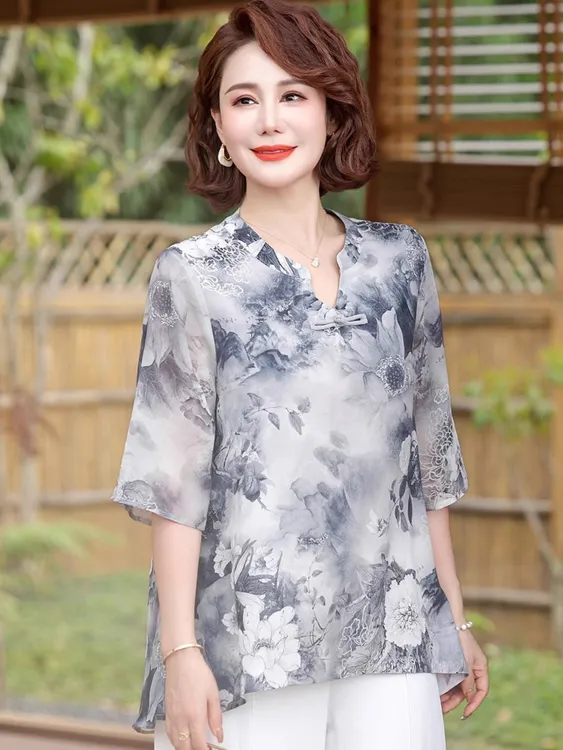 胖妈妈夏装高贵洋气短袖小衫中老年女装洋气大码宽松T恤上衣套装