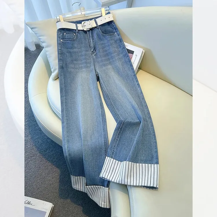 浅蓝色牛仔裤女2025新款春秋小个子高腰窄版直筒阔腿裤卷边九分裤