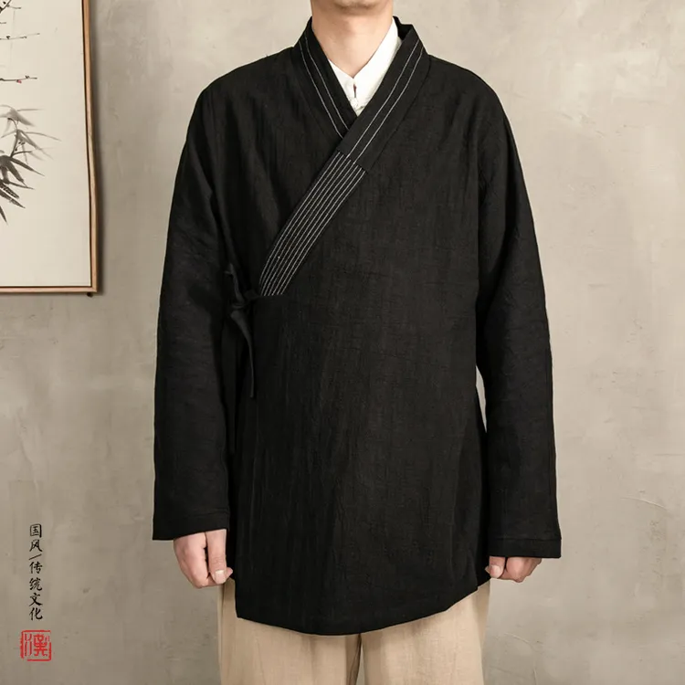 中式古风禅意居士男装棉麻复古禅服改良汉服男士中长款道袍外套