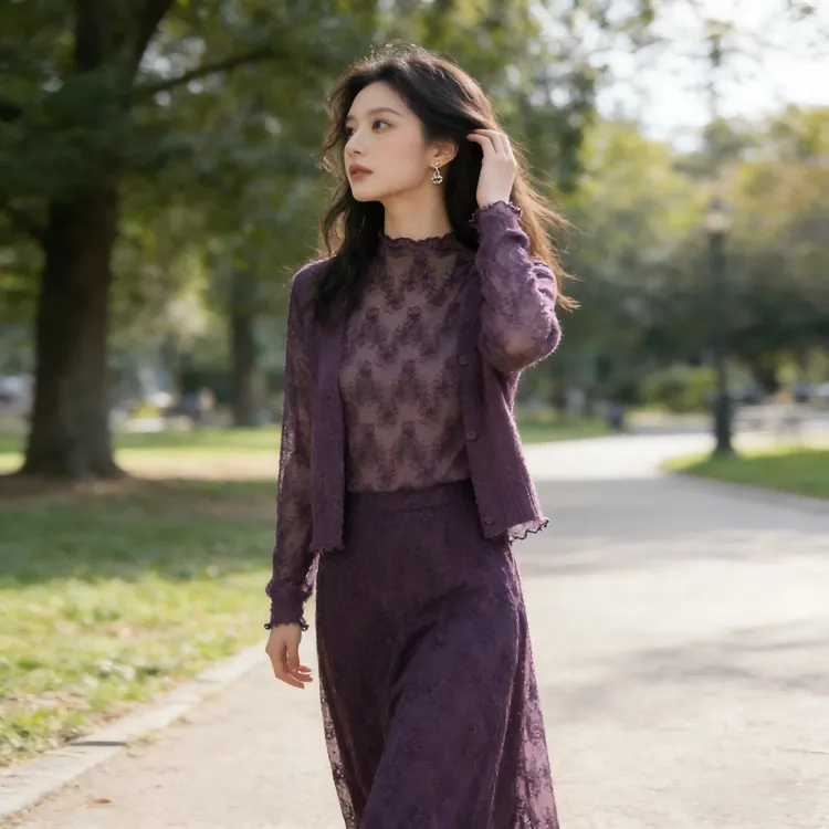 紫色镂空半高领蕾丝打底衫女秋季木耳修身内搭高级感薄透网纱上衣