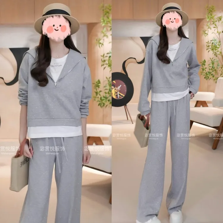 2025春季新款时尚显瘦假两件烫钻卫衣+阔腿裤两件套气质休闲减龄