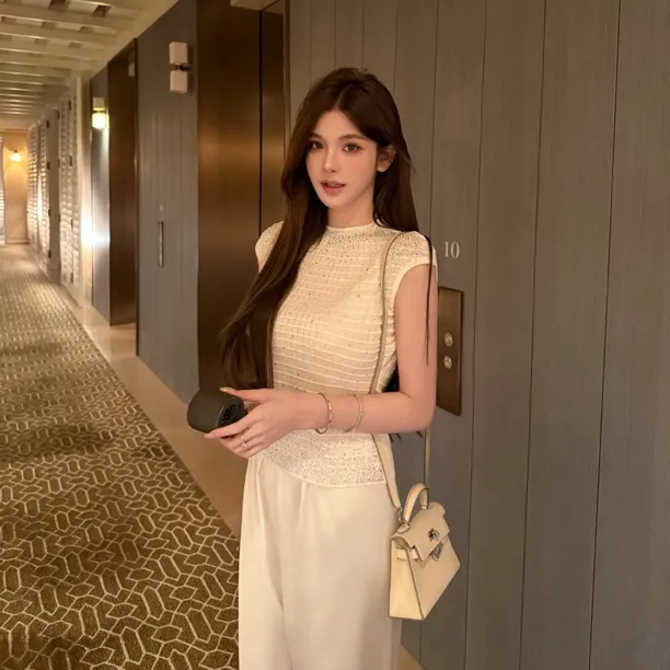 FAY【月光宝盒】淑女重工烫钻小夏季针织上衣气质洋气高贵新款