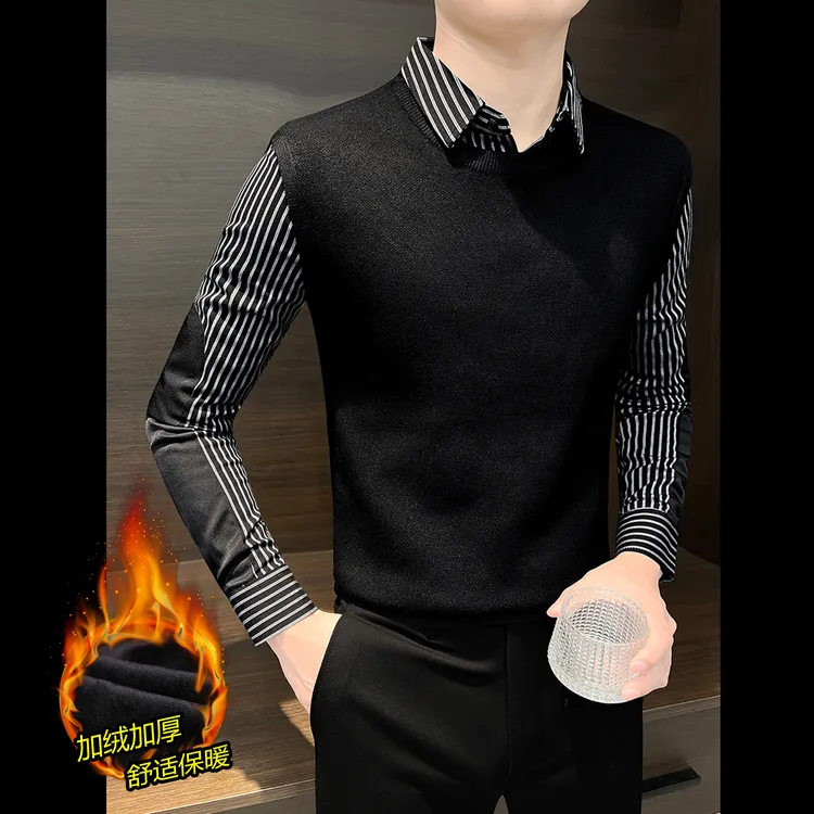假两件衬衫男款长袖爆款2025新款冬季加绒加厚保暖针织男士打底衫