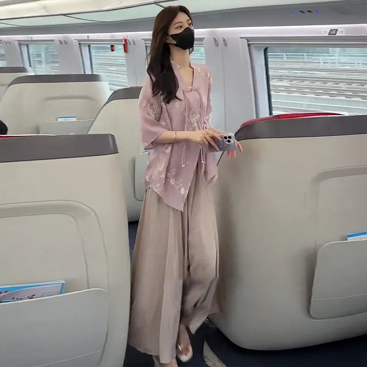 新中式国风复古两件套2025夏季新款女士刺绣V领中袖上衣高腰裙裤