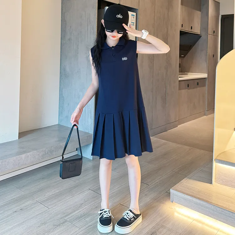女童2025夏款时尚休闲POLO裙子儿童中大童无袖洋气百褶裙长裙