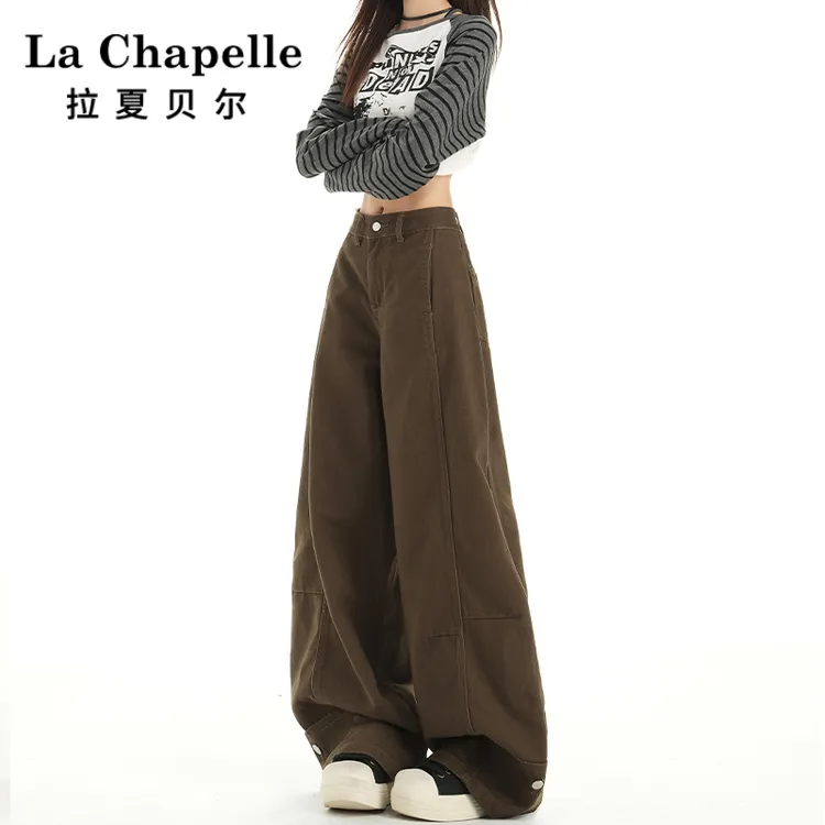 拉夏贝尔美式弯刀牛仔裤女秋2025年新款高腰显瘦遮肉显高阔腿裤子