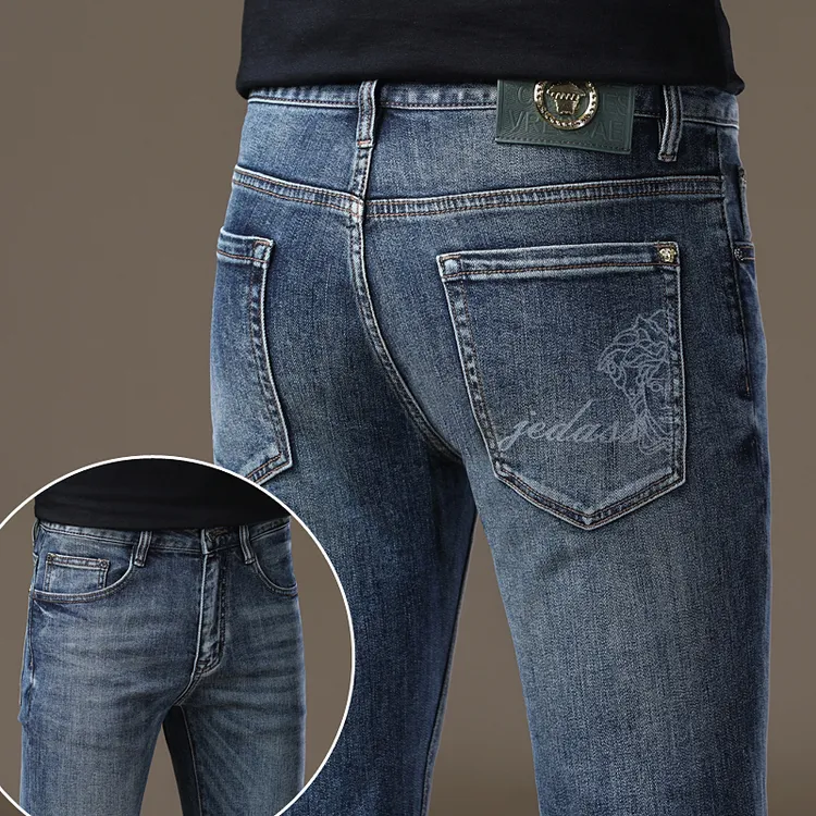 Cebrodz2025意大利高端复古蓝牛仔裤男秋冬新款修身弹力印花长裤
