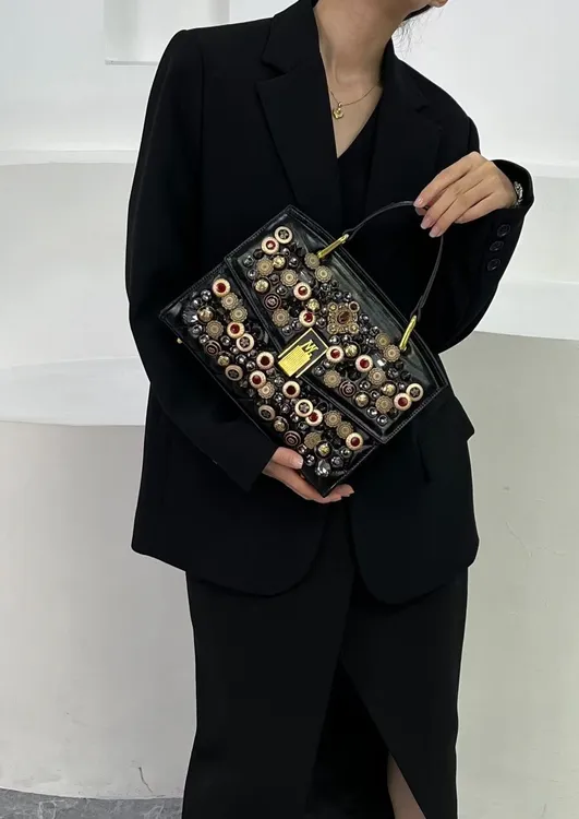 单肩百搭斜挎手提包拉链单肩托特包真皮工艺轻奢方包黑色斜挎包