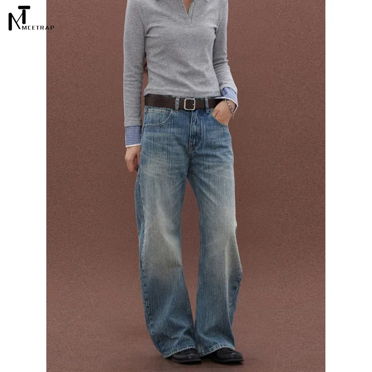 Mcetrap(MT) 复古手擦猫须做旧水洗牛仔裤个性口袋宽松休闲长裤
