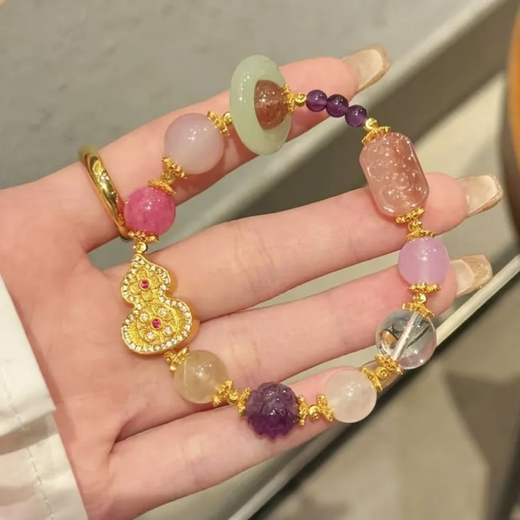 铜合金锆石手链 保色铜合金镶钻葫芦粉锆石手串精致百搭手链