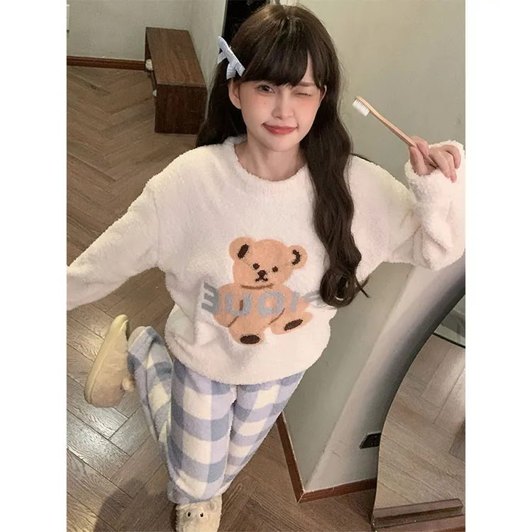 小熊法兰绒加厚睡衣女款秋冬季爆款加绒珊瑚绒保暖卡通家居服套装