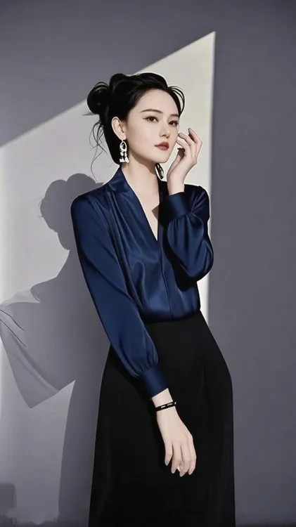 SS1025藏青色长袖上衣秋季衬衫法式女装高腰通勤半裙两件套