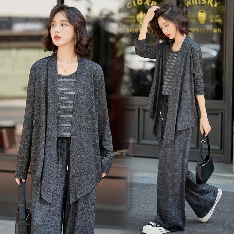 时尚休闲三件套女装2025春秋韩版洋气短款开衫条纹背心显瘦阔腿裤