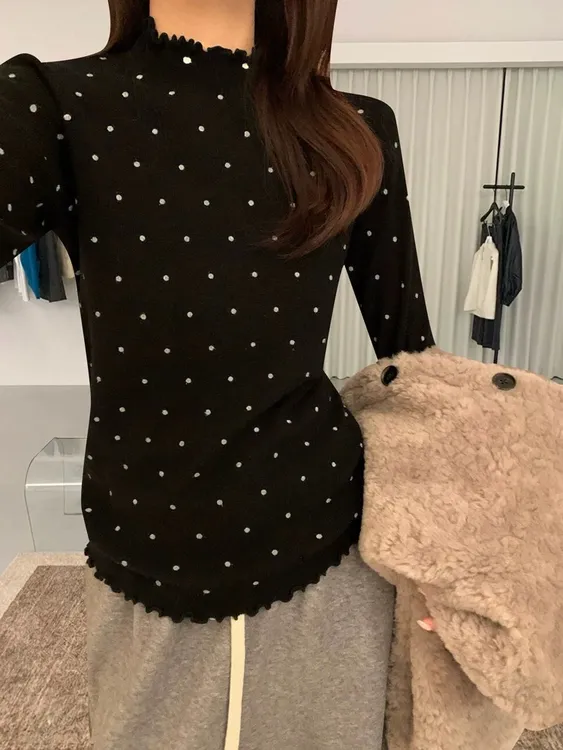 韩系半高领花边软糯波点T恤女2025冬季新款一体绒保暖洋气上衣