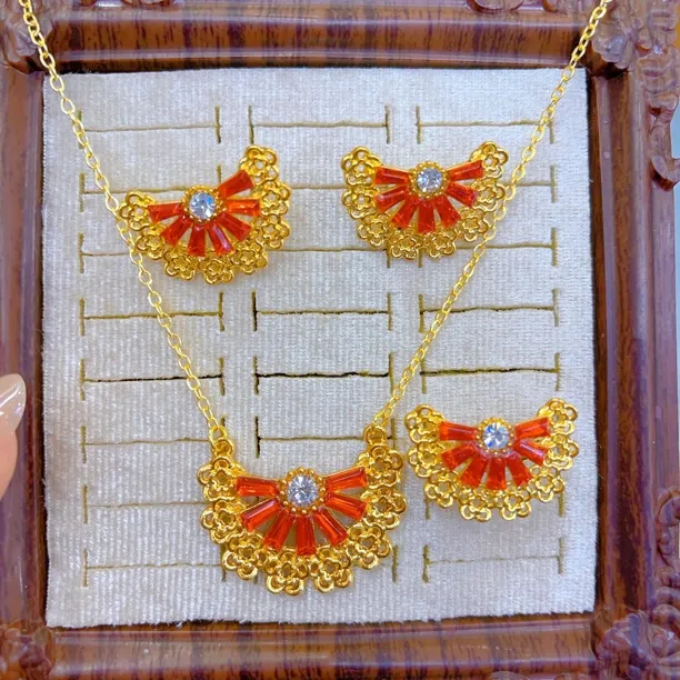 铜合金耳饰 2143新款三件套首饰耳环项链戒指爆款白搭时尚金色铜