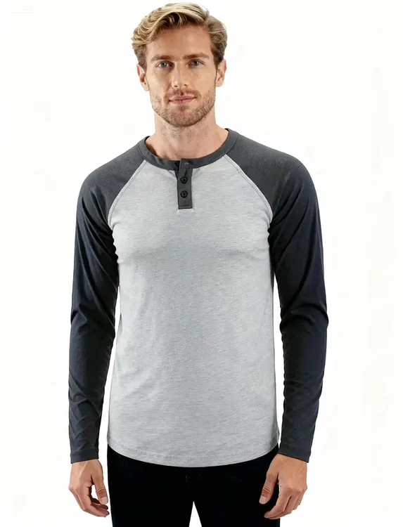 男士亨利领拼接插肩袖撞色长袖T恤运动休闲上衣 S16