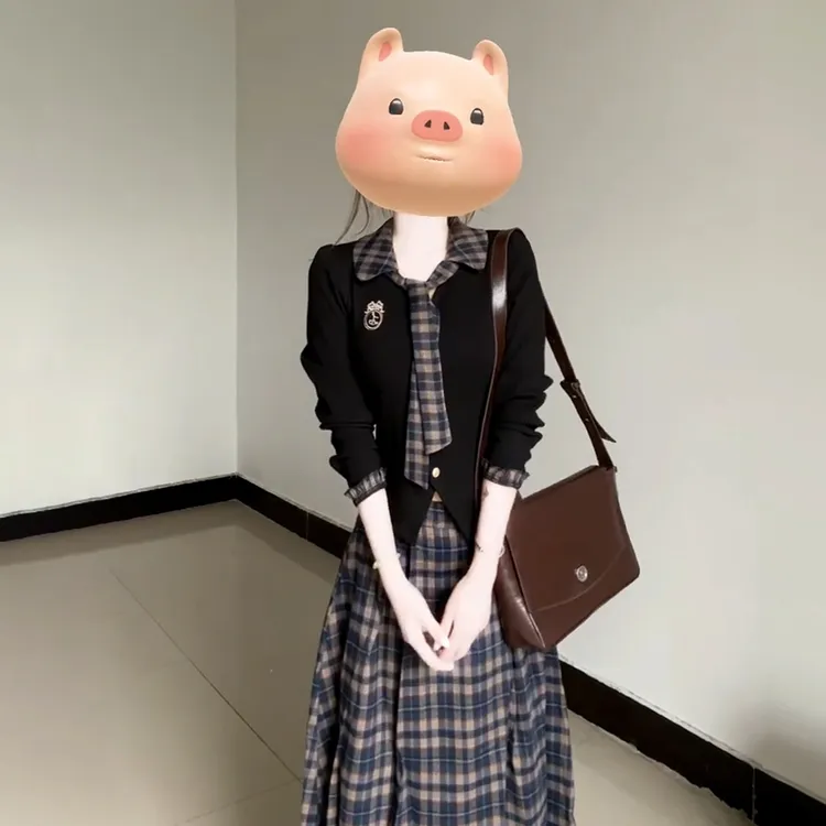 韩系学院风黑色格纹连衣裙子女2025新款早秋季高级感一整套装7544