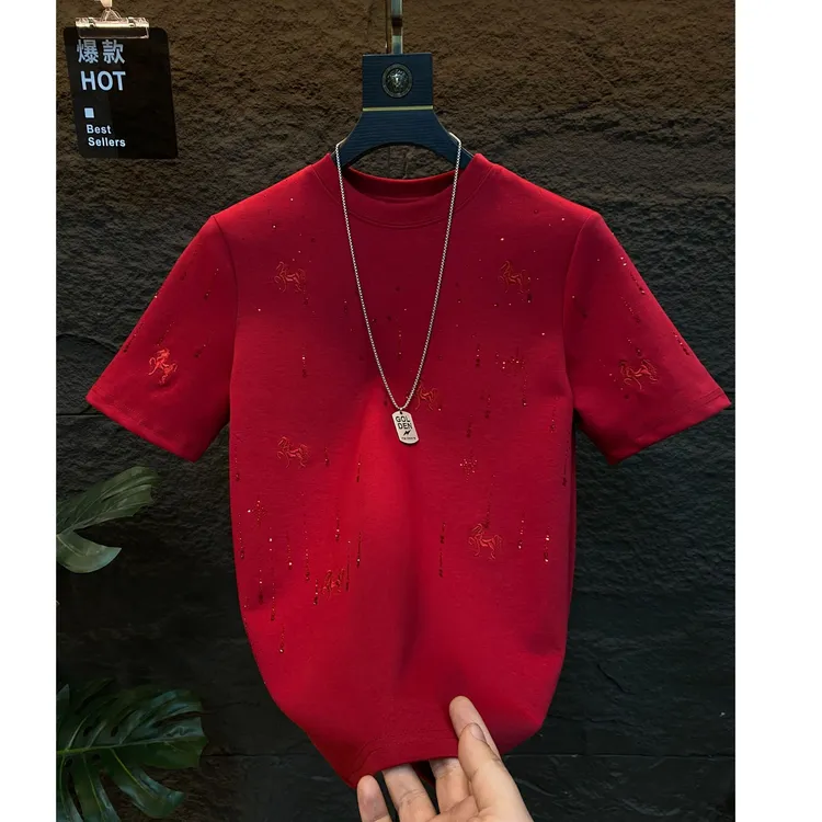 刺绣图案圆领男士烫钻镶钻短袖男款马上赚钱小众百搭T恤韩版上衣