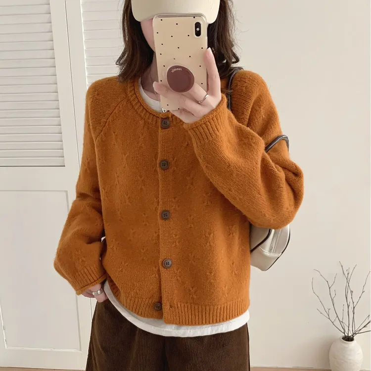 插肩袖复古卷边毛衣外套女宽松韩版显瘦保暖圆领冬季加厚针织开衫