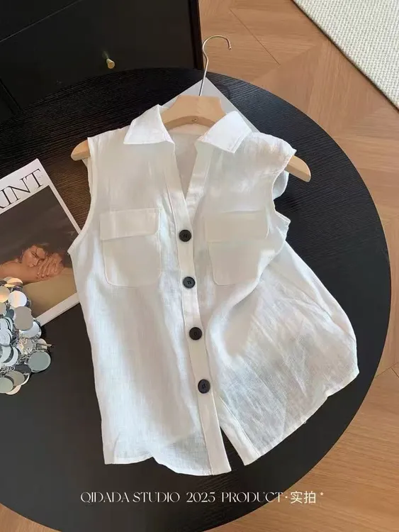 白色老钱风无袖衬衫女装夏季轻薄高级感通勤时尚休闲洋气百搭上衣