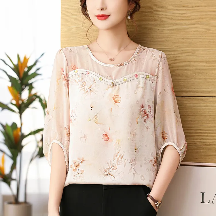 国风印花半袖t恤夏季新款碎花上衣洋气减龄遮肚显瘦小衫2025新款