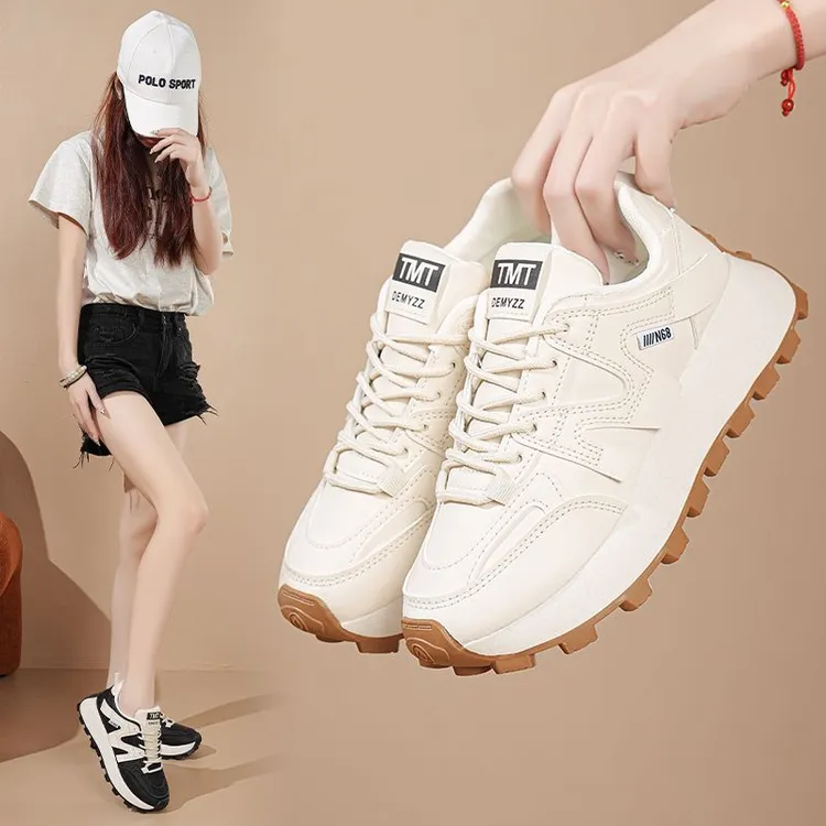啄木鸟2025春季新款透气小白鞋女韩版百搭厚底运动休闲跑步老爹鞋