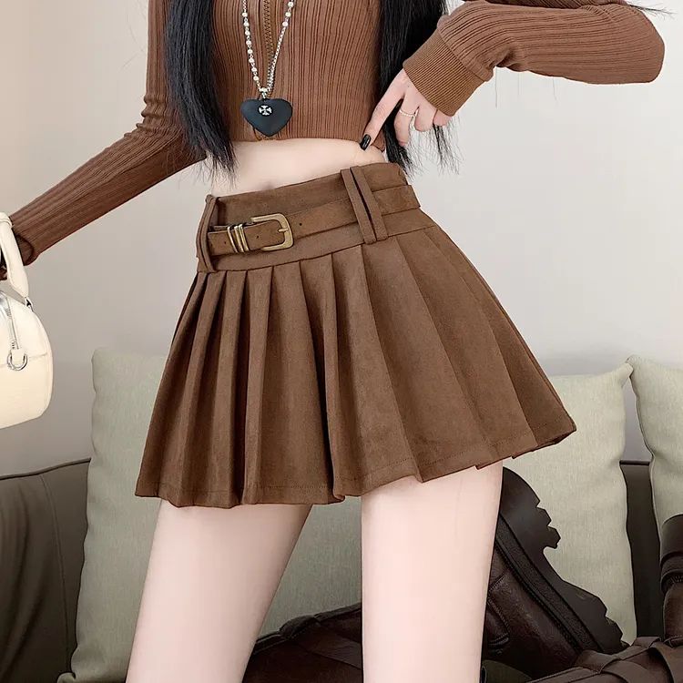 美拉德复古辣麂皮绒百褶短裙女装春秋季防走光高腰百褶a字半身裙